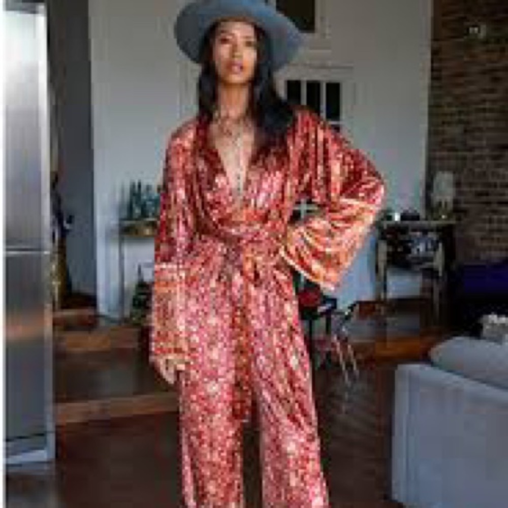 Free People Harper printed one piece Sangria jumpsuit/ jumper velvet